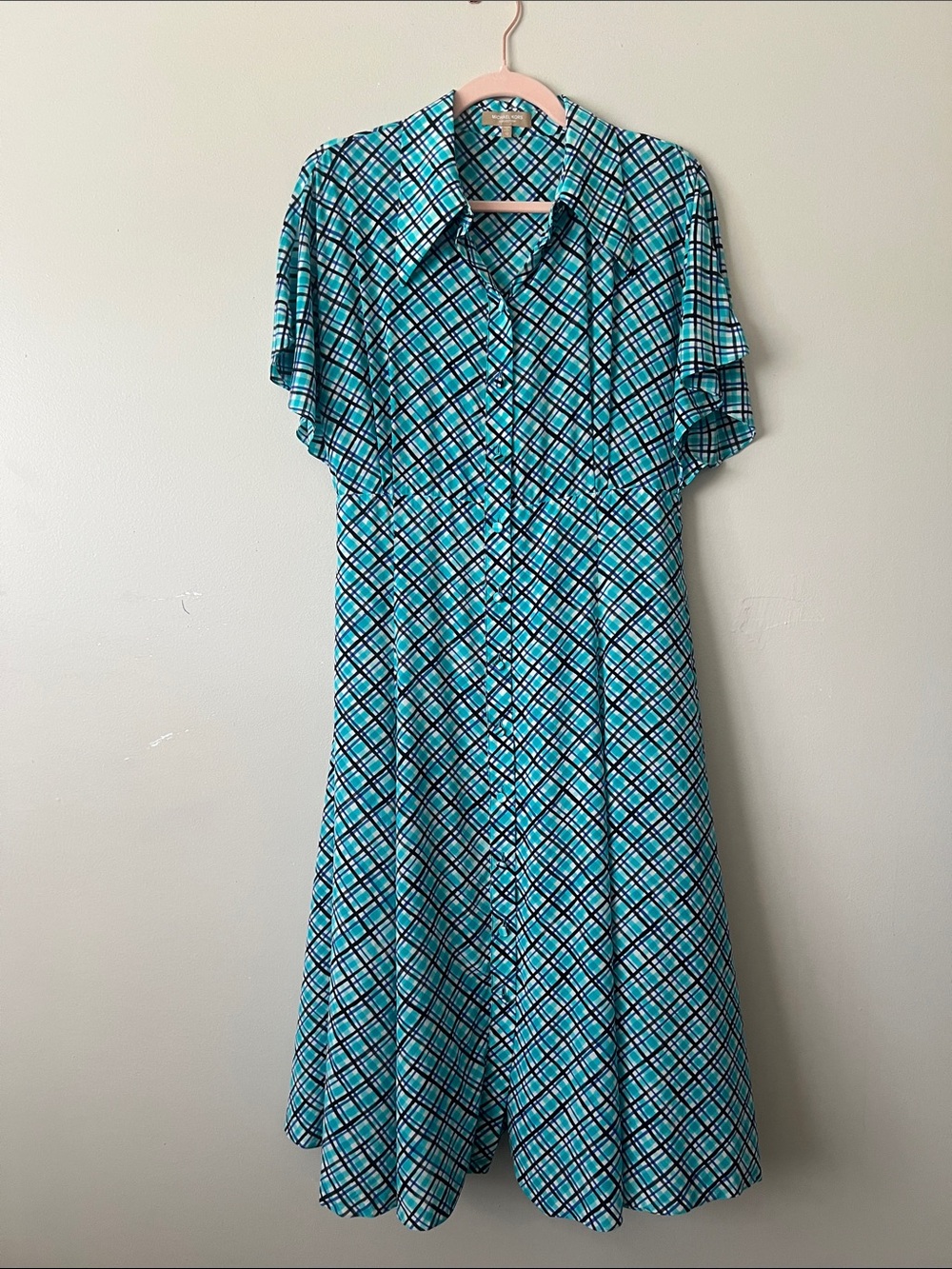 Michael Kors Collection Silk Midi Dress Italy Plaid Turquoise Size 10